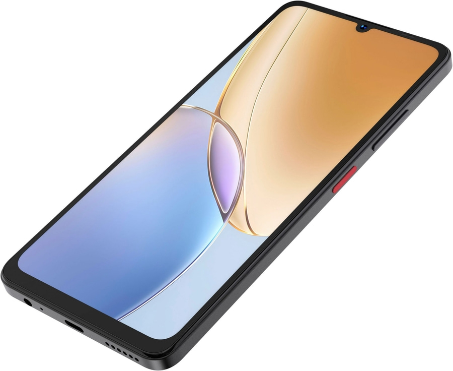 Ein schwarzes Smartphone mit einem bunten Hintergrund auf dem Display und einem roten Knopf an der Seite.