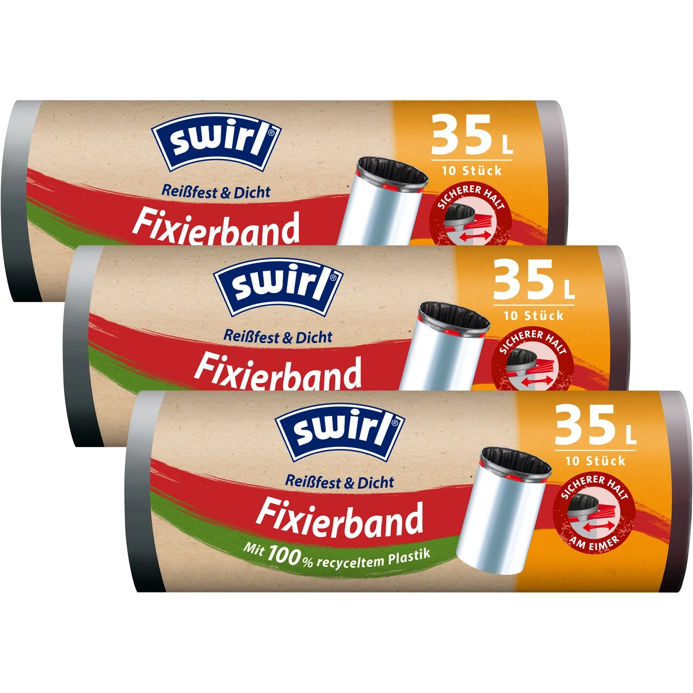 Drei Rollen Swirl Fixierband, 35L, 10 Stück, reißfest und dicht, aus recyceltem Plastik.