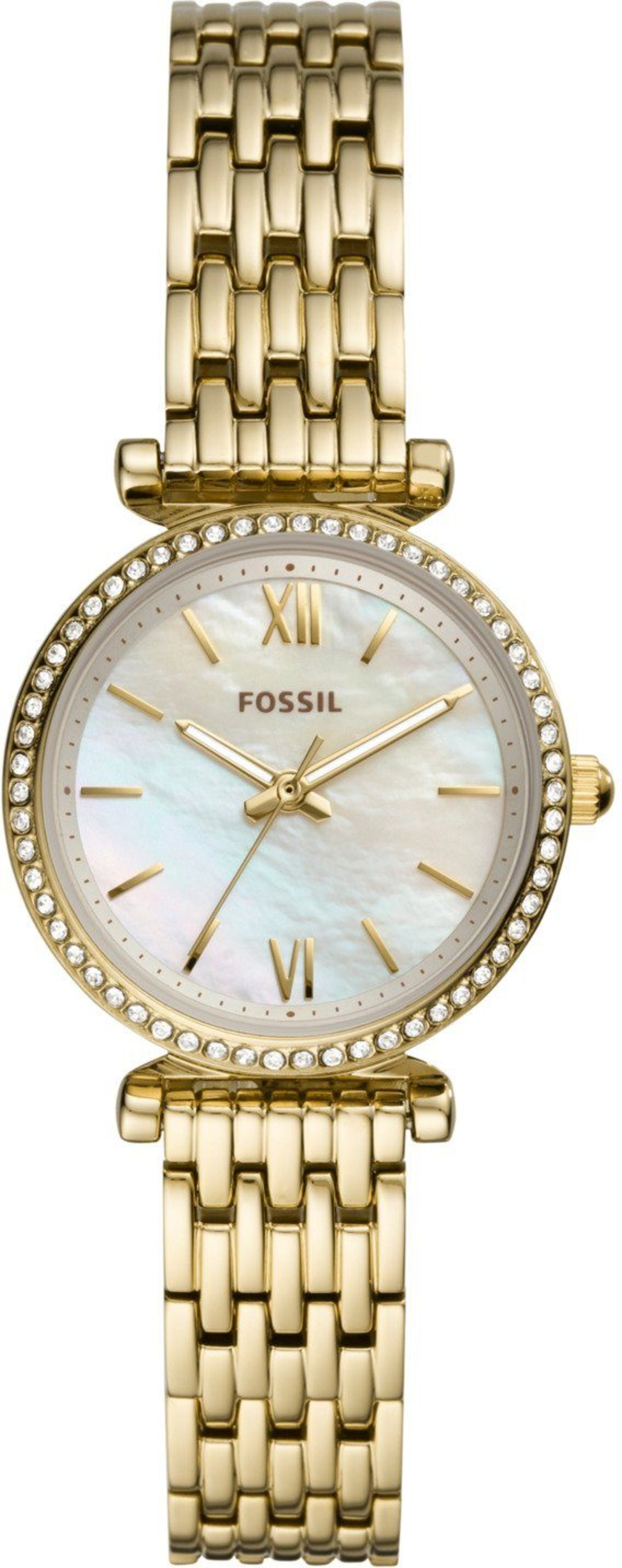Goldene Fossil-Uhr mit Perlmutt-Zifferblatt und Diamanten, elegantes Design.