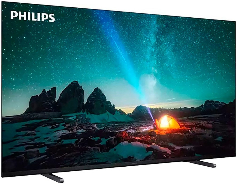 Philips Fernseher mit Sternenhimmel, Zelt und Bergen in der Nacht