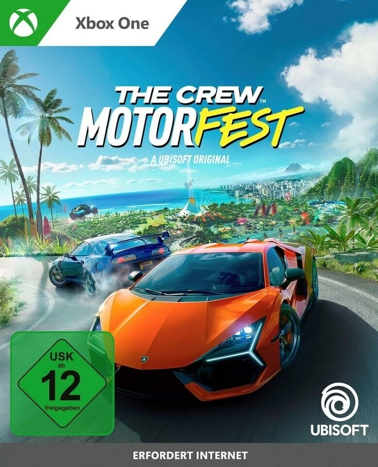 The Crew Motorfest Xbox One Hülle mit Autos, Palmen und USK 12 Freigabe