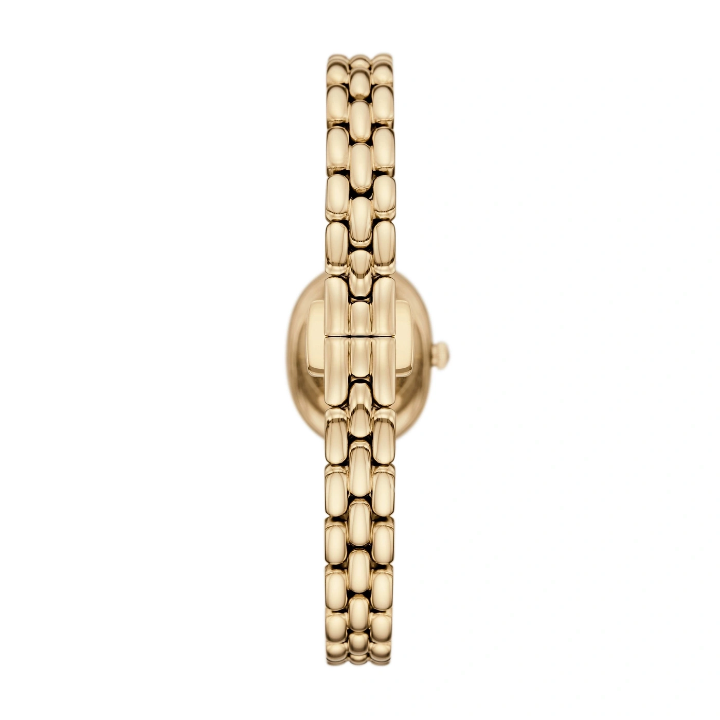 Goldene Uhr im Fokus, schmal, mit detailliertem Armband und weißem Hintergrund