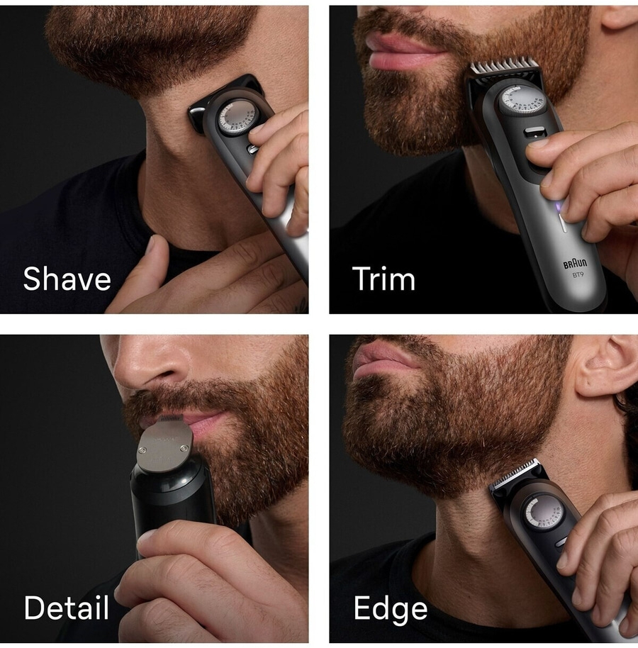 Barttrimmer in Aktion: Rasieren, Trimmen, Detail, Kanten. Bartpflege.