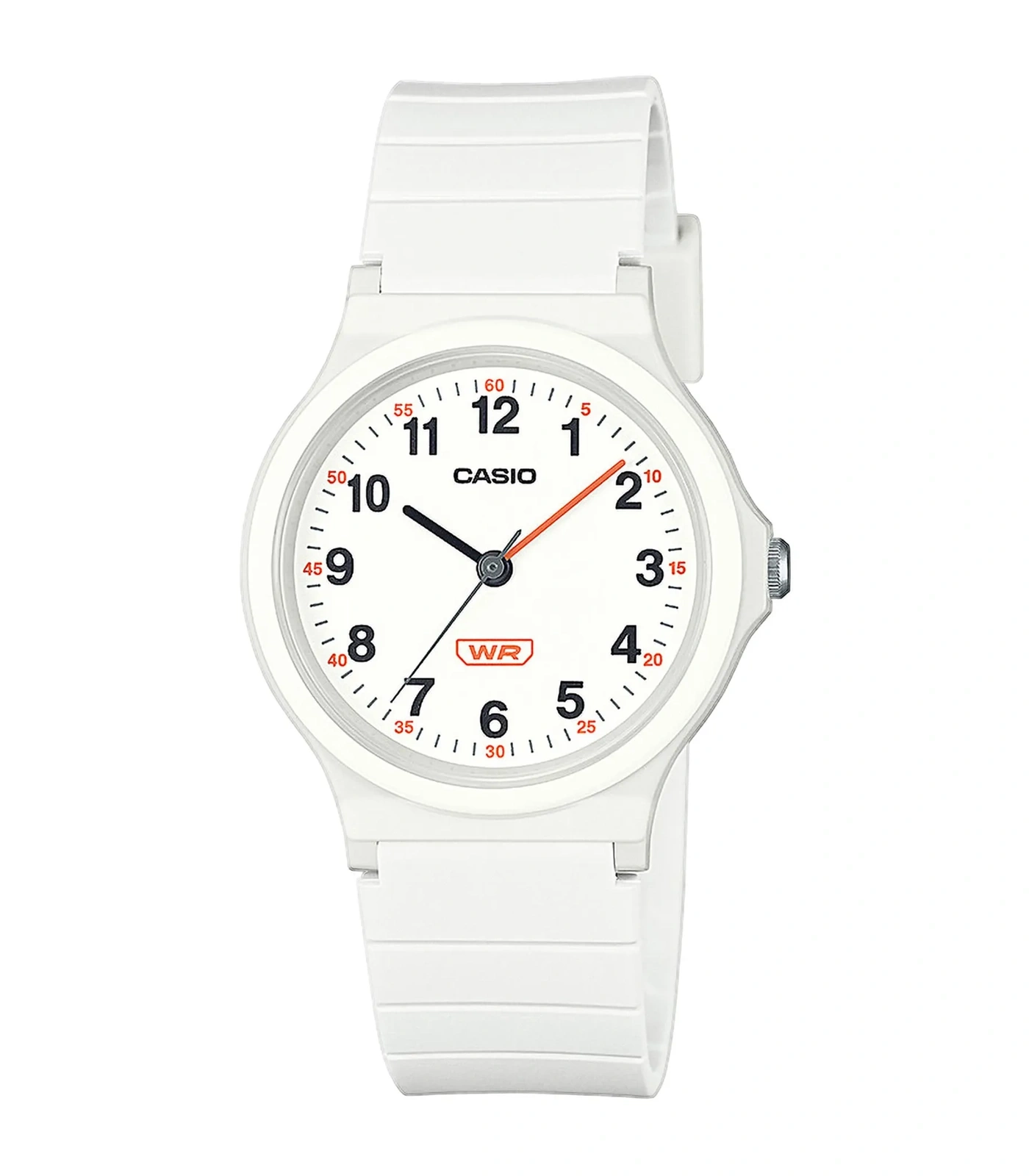 Weiße Casio-Armbanduhr mit weißem Zifferblatt und roten Markierungen