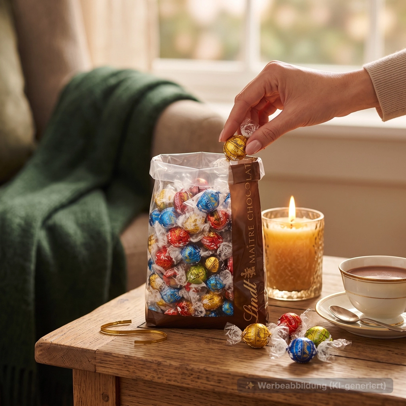 Eine Hand nimmt eine Lindt-Schokoladenkugel aus einer Tüte neben einer Kerze und einer Tasse heißer Schokolade.