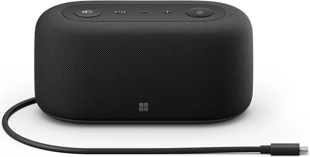 Schwarzer Microsoft Lautsprecher mit Kabel und Bedientasten auf der Oberseite