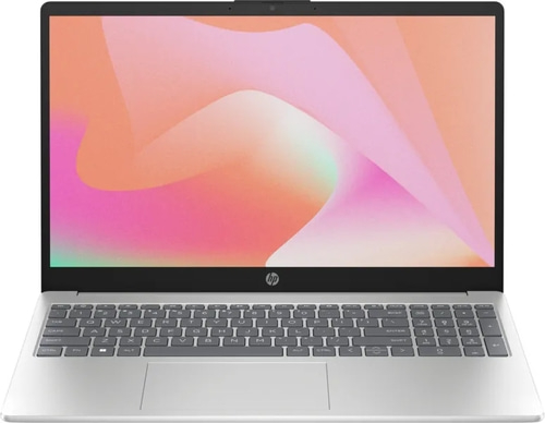 HP Laptop mit hellem Bildschirm und Tastatur, silbernes Gehäuse, Frontansicht