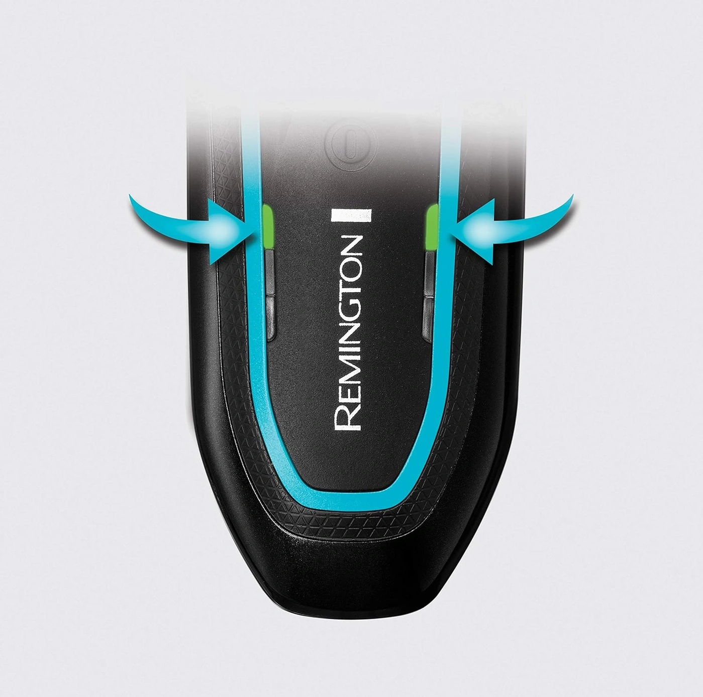 Nahaufnahme eines Remington-Trimmers mit blauen Pfeilen, die auf Knöpfe zeigen.