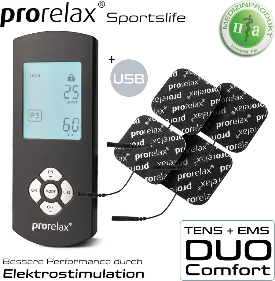 PRORELAX TENS/EMS Duo Comfort Blackline Elektrostimulationsgerät 2 Therapien NEU