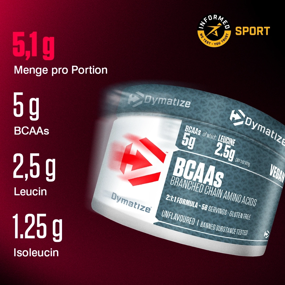 Dymatize BCAA Dose mit wichtigen Nährwertangaben wie 5,1g Menge pro Portion, 5g BCAAs, 2,5g Leucin und 1,25g Isoleucin.