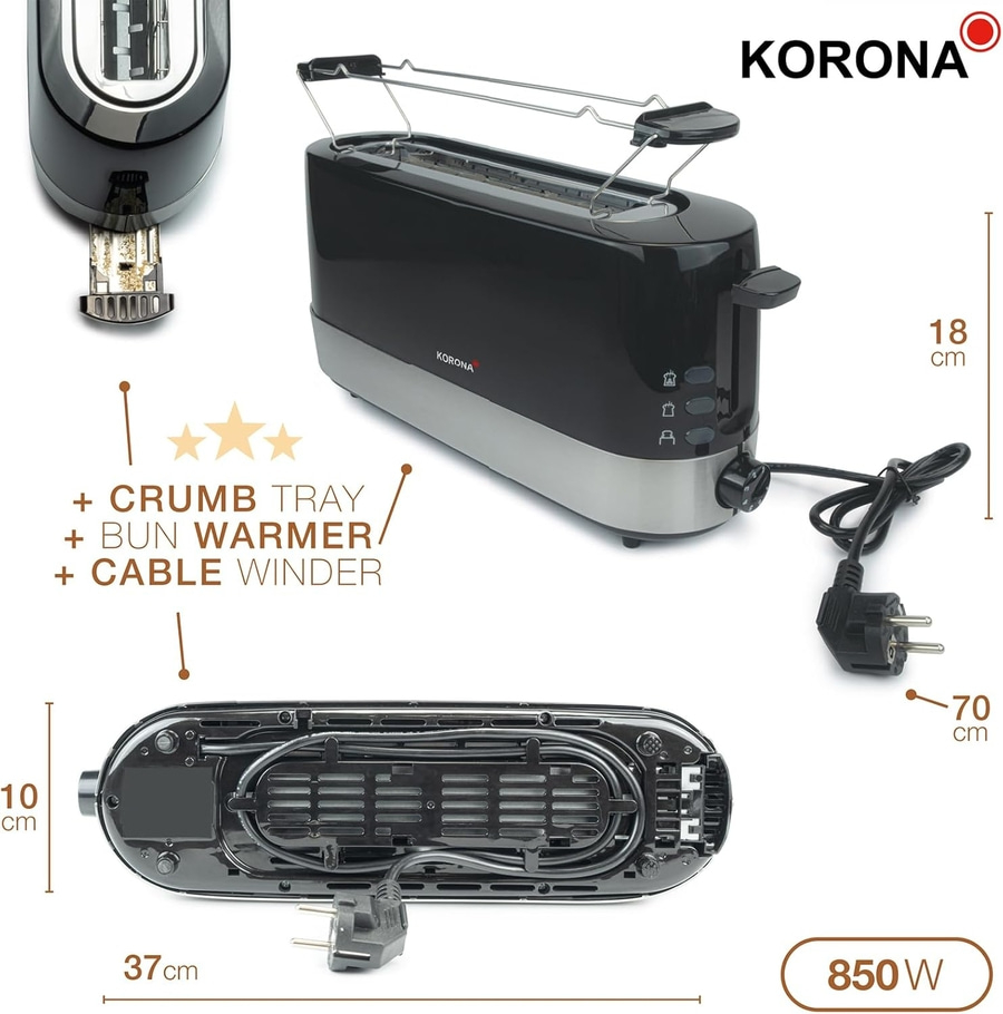 KORONA Toaster 21305 850 Watt Stufenlos Auftau-und-Aufwärm-Stufe schwarz NEU