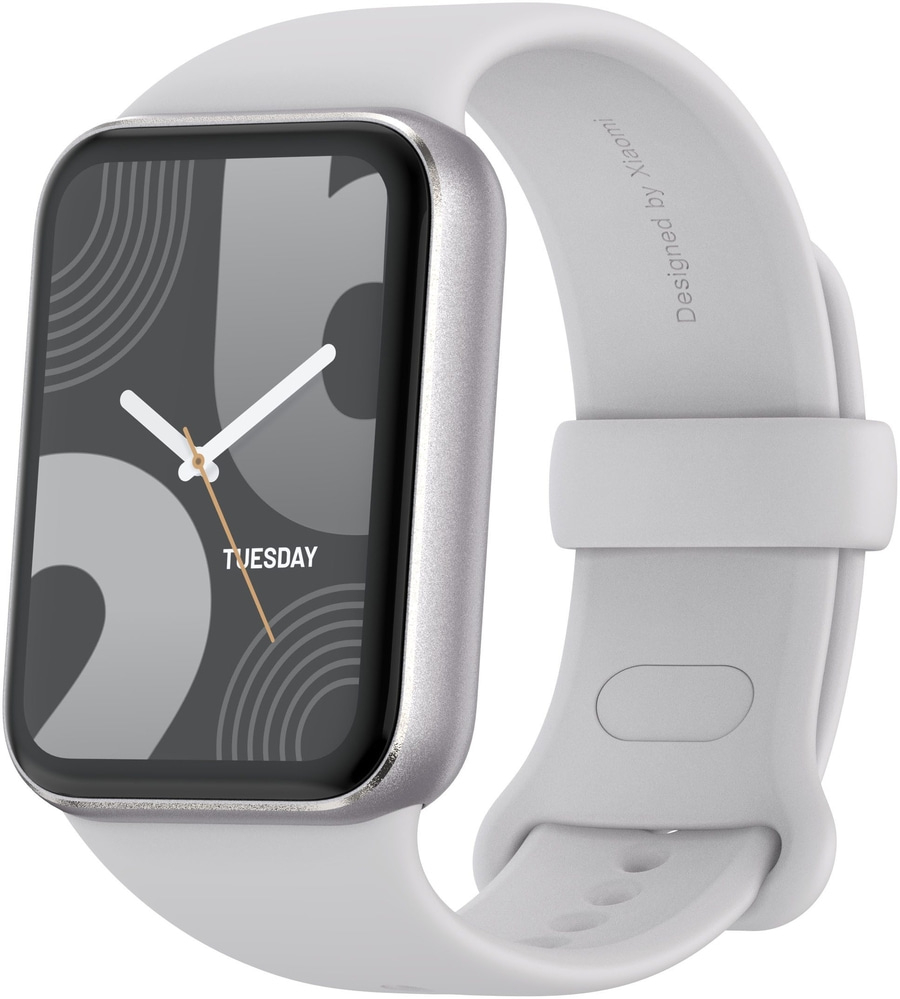 Graue Smartwatch mit weißem Armband, Zifferblatt mit Wochentag-Anzeige, Xiaomi-Design.