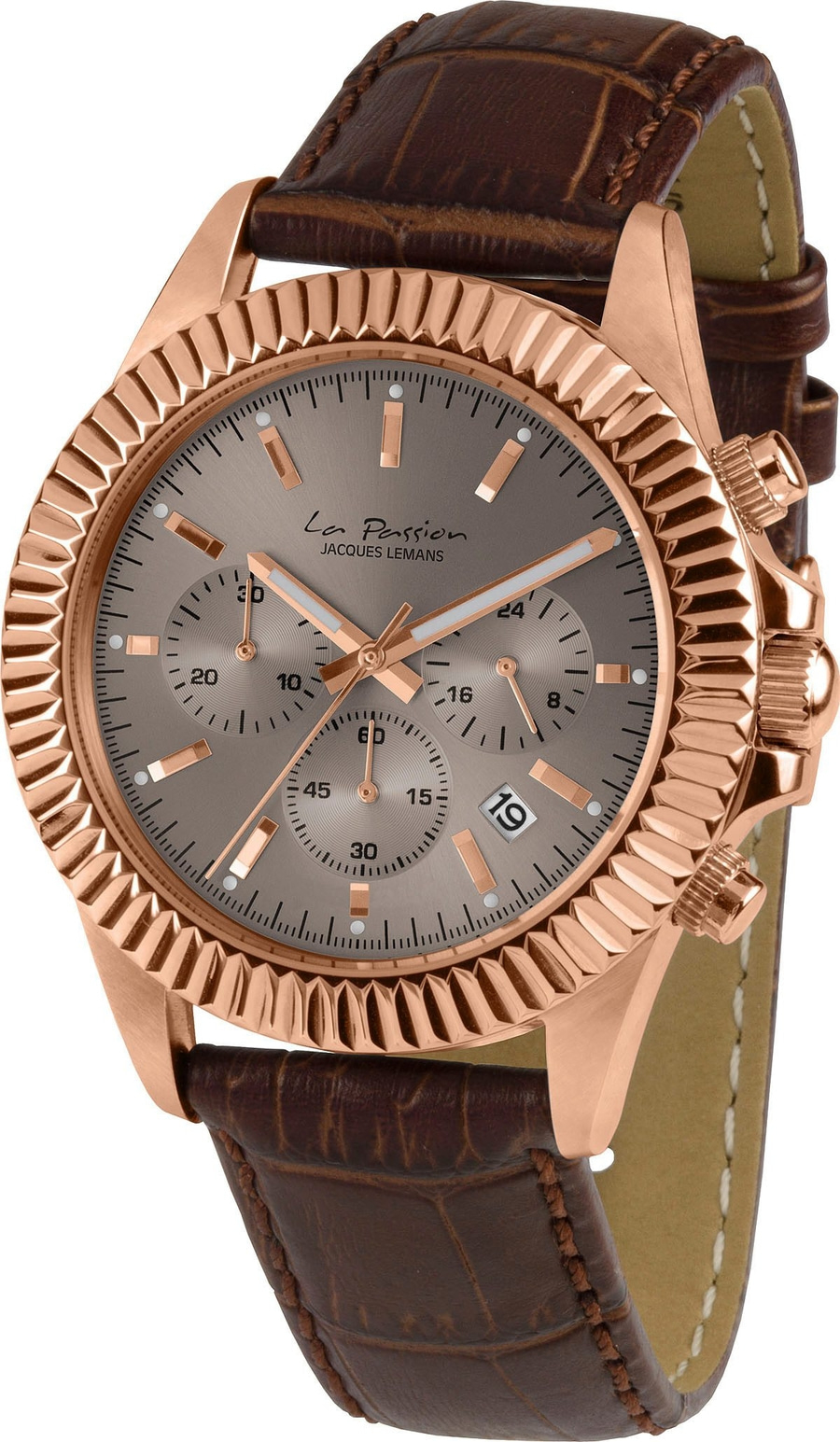 Eine silberne Uhr mit braunem Lederarmband.