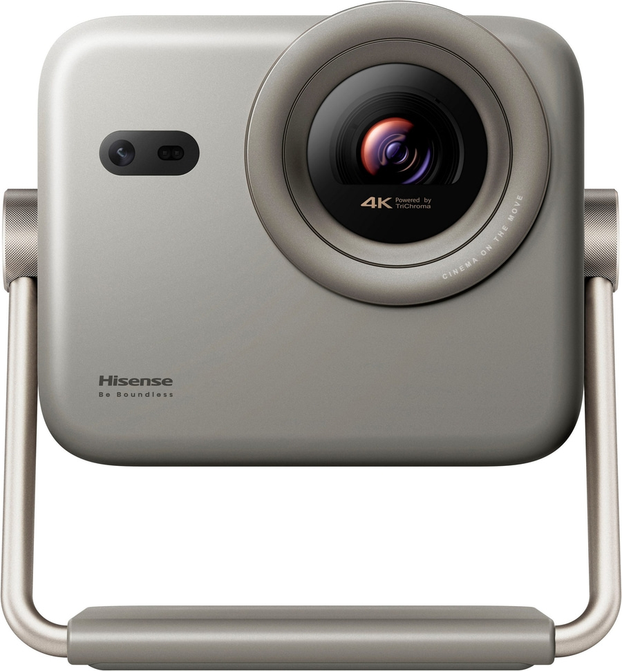 Silberner Hisense Projektor mit 4K-Linse und Tragegriff