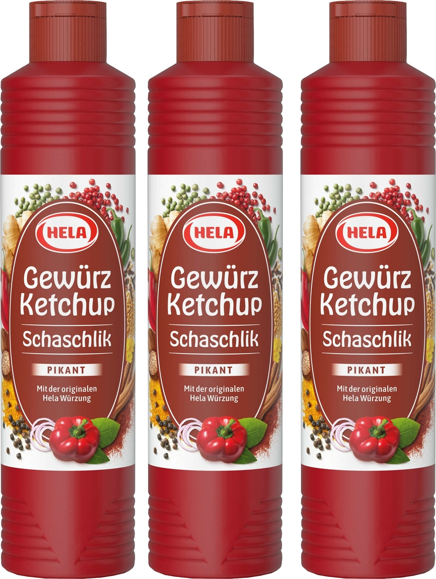 3 x Hela Ketchup Schaschlik pikant Gewürzketchup 800 ml Flasche Ketchupflasche