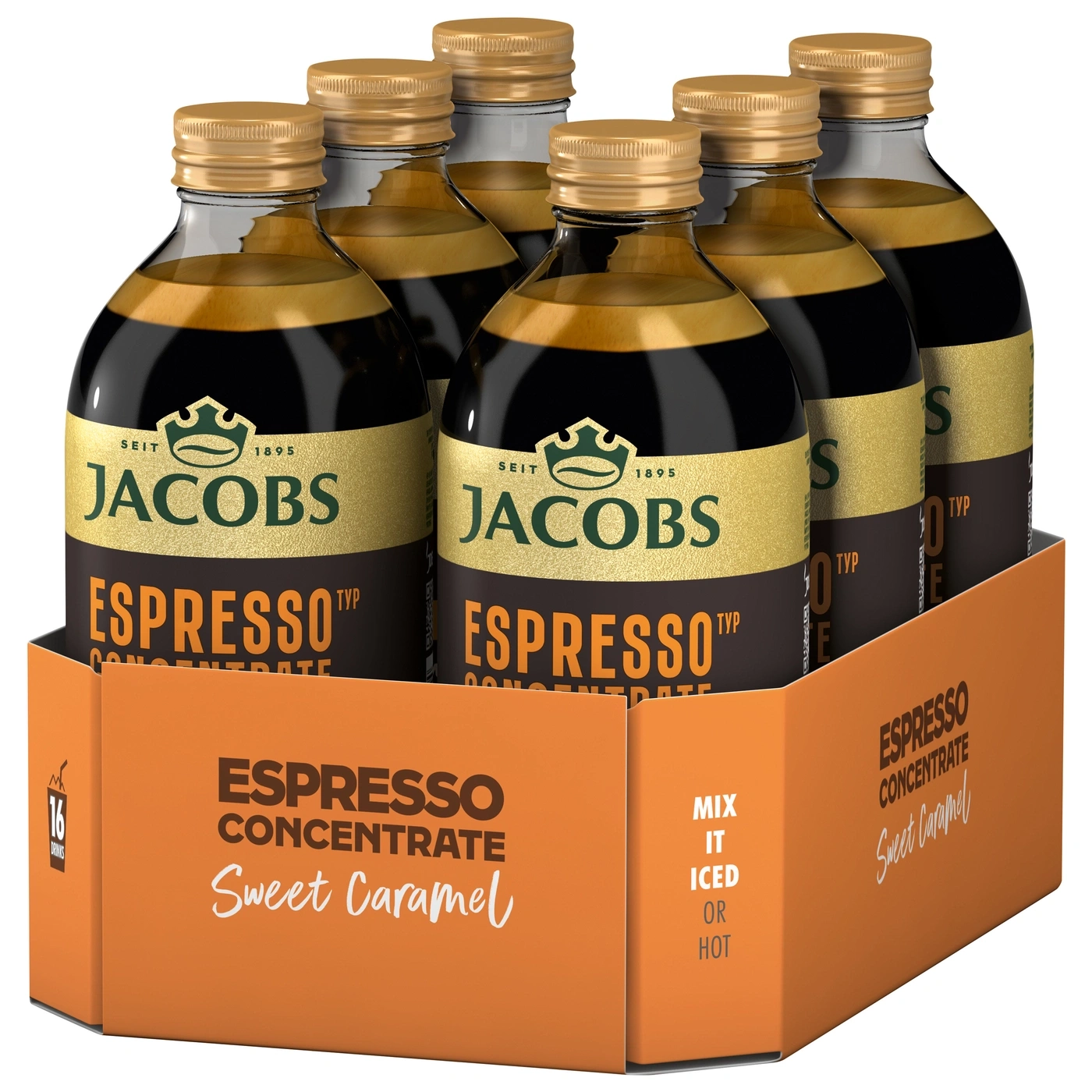 Sechs Flaschen Jacobs Espresso Konzentrat Karamell in einer orangefarbenen Verpackung.