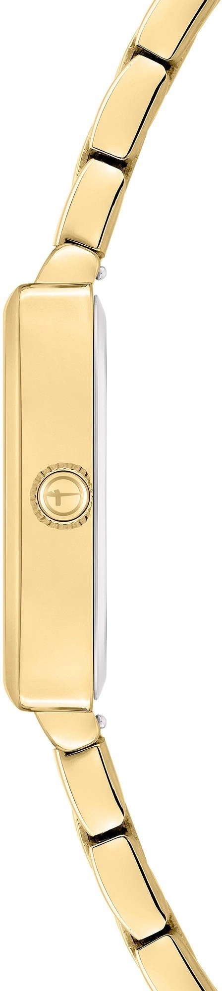 Eine goldene Armbanduhr mit silbernen Akzenten und einem markanten Logo auf der Seite.