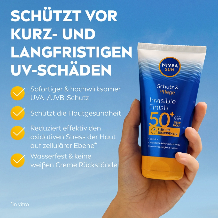Nivea Sonnencreme schützt vor UV-Schäden, wasserfest, unsichtbar, 50+.