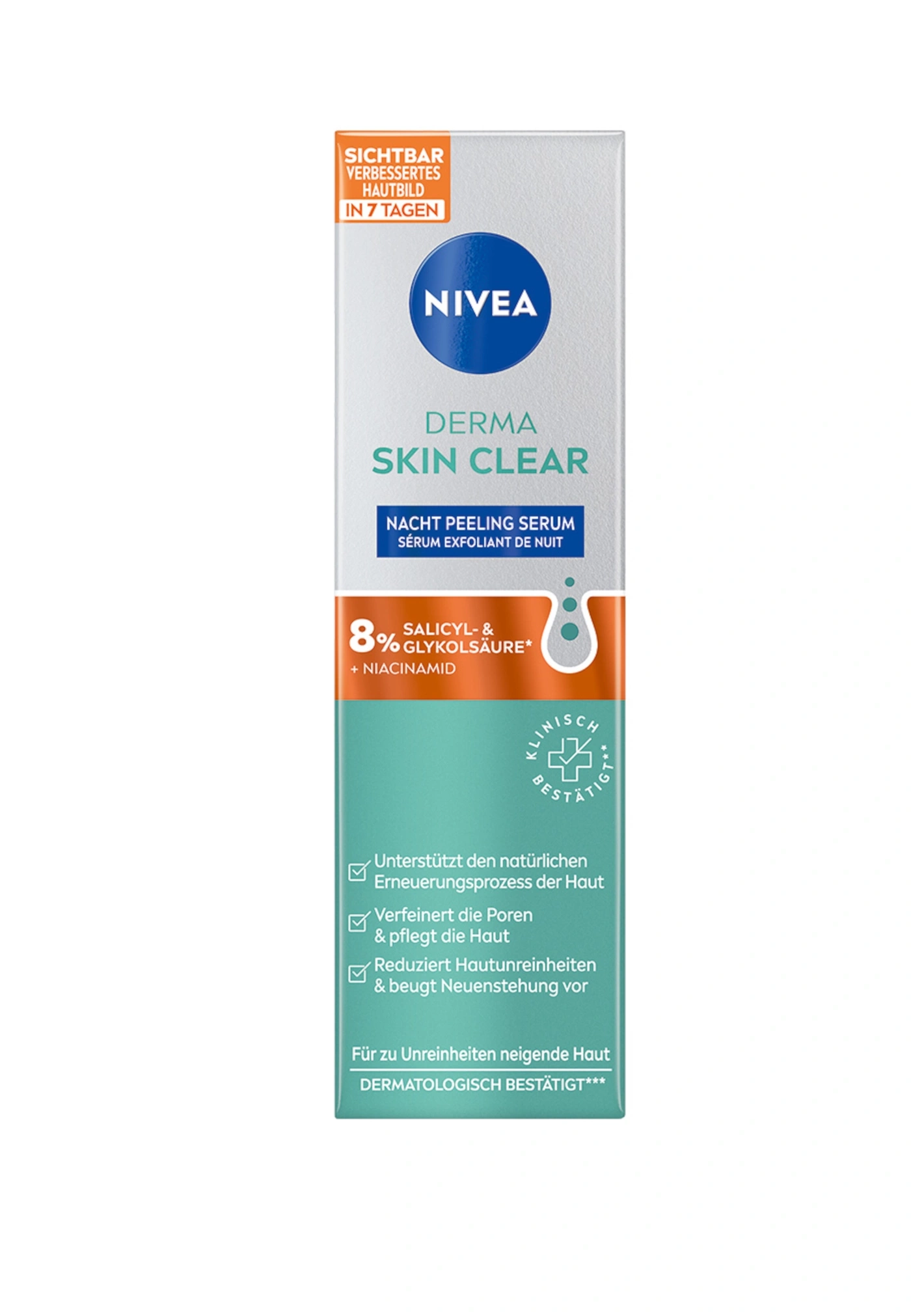 Nivea Derma Skin Clear Nacht Peeling Serum, verbessert Hautbild in 7 Tagen