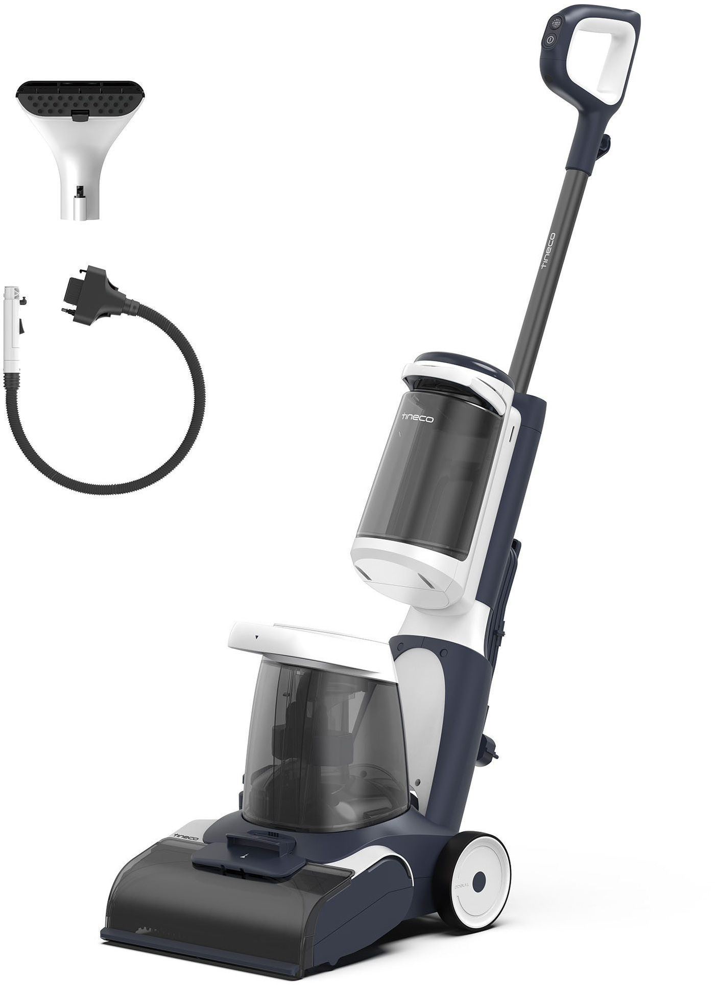 Tineco-Staubsauger mit Zubehör, weiß und dunkelblau, auf weißem Hintergrund