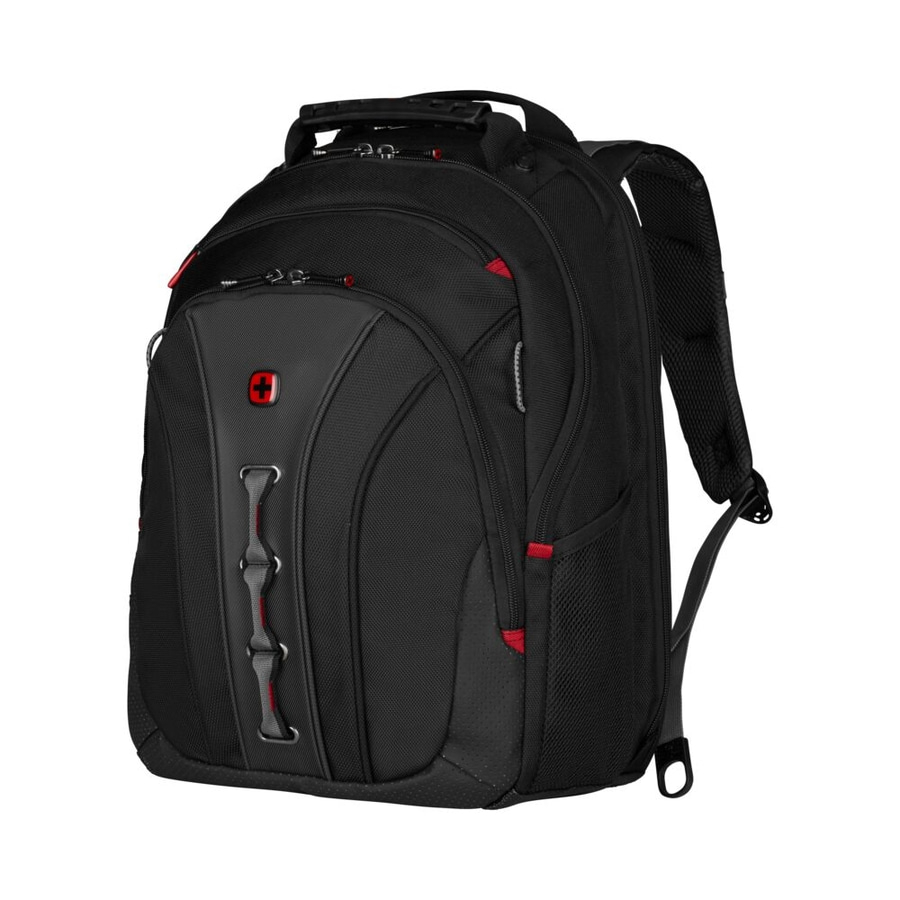 Schwarzer Rucksack mit rotem Akzent und Schweizer Kreuz Logo, robust und praktisch.