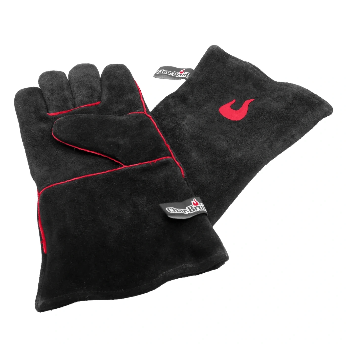 Schwarze Grillhandschuhe mit roter Naht und Logo, isoliert auf weißem Hintergrund.