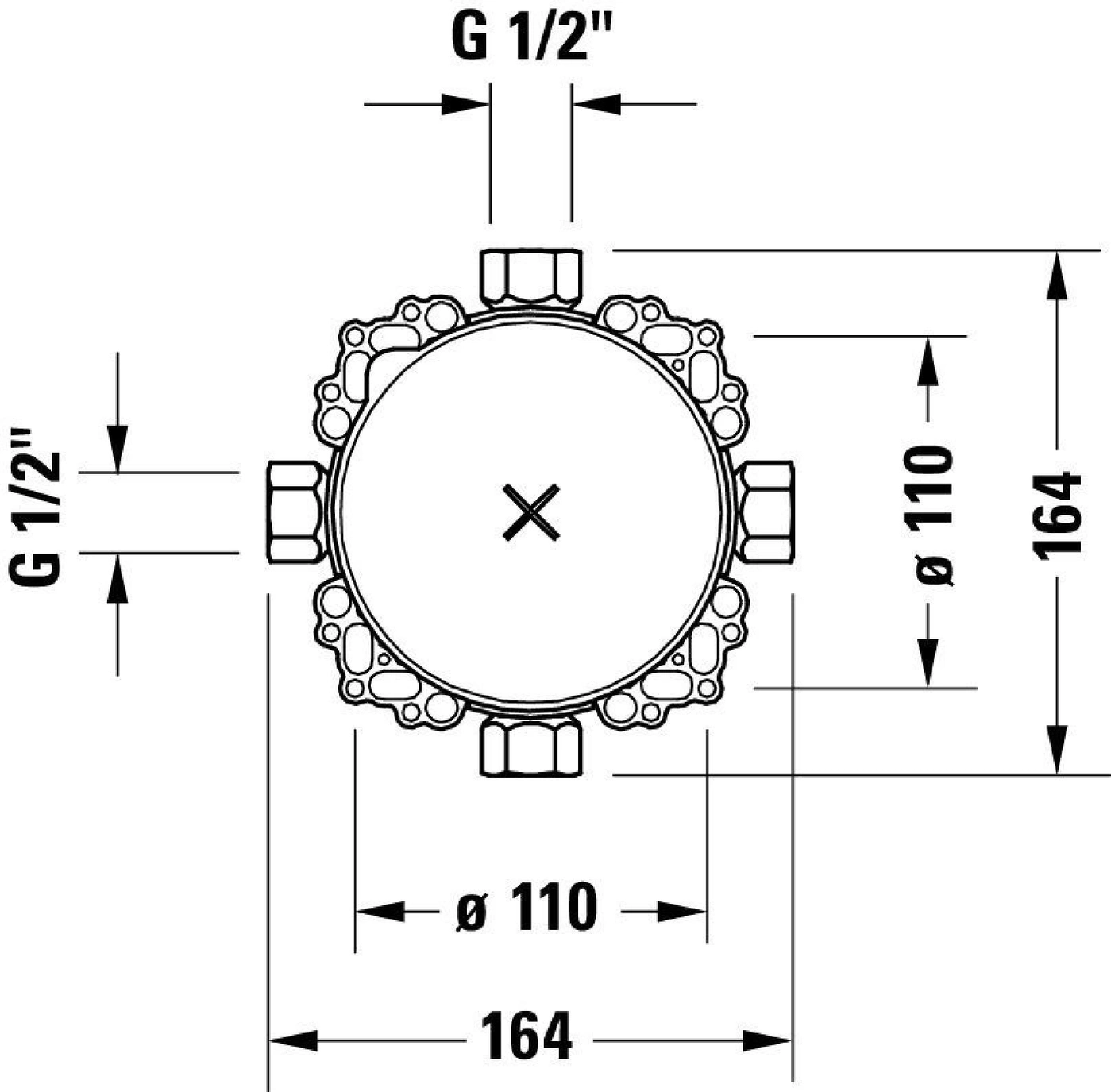 Technische Zeichnung mit Maßen und Gewindeanschlüssen, Durchmesser 110, 164, G 1/2"