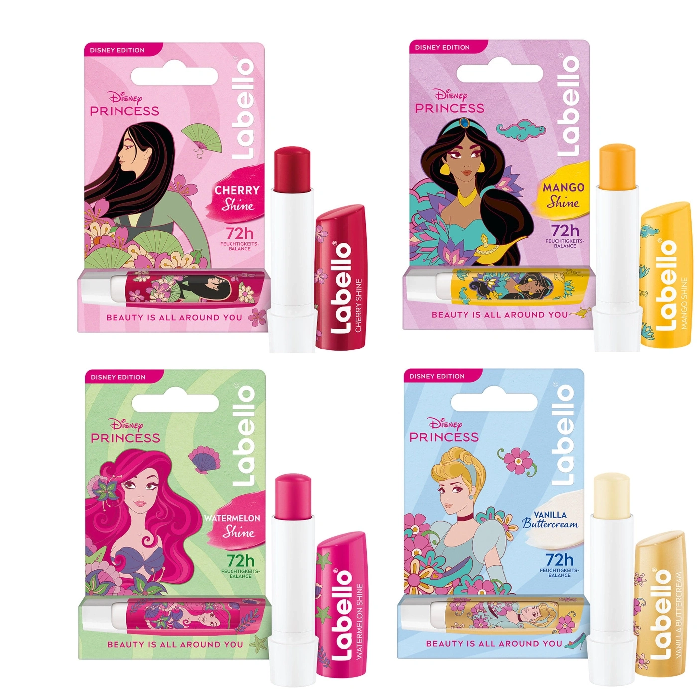 Vier Labello Disney Edition Lippenbalsame mit Prinzessinnen-Motiven: Mulan, Jasmin, Arielle und Cinderella in verschiedenen Duftvarianten wie Kirsch, Mango, Wassermelone und Vanille.