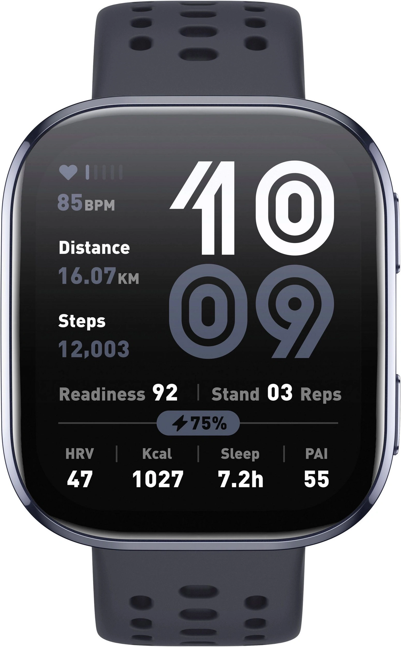 Armbanduhr mit Fitness-Daten wie Herzfrequenz, Distanz und Schritten.