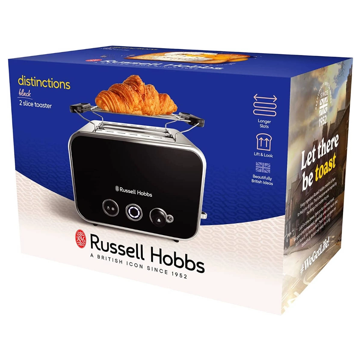Schwarzer Toaster von Russell Hobbs mit Croissant auf der Oberseite, Distinctions-Serie.