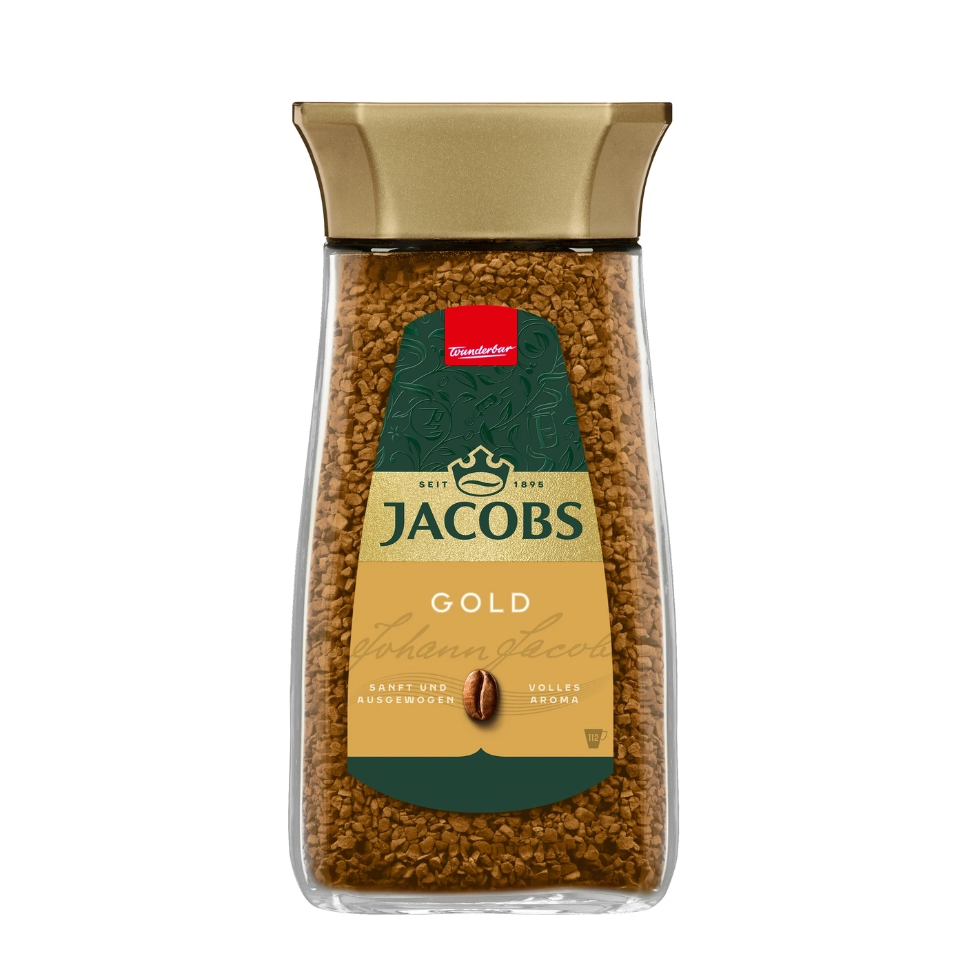 Ein Glas Jacobs Gold Instantkaffee mit goldenem Deckel und braunem Kaffeeinhalt.