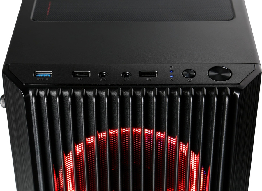 Schwarzer PC-Gehäuse mit roten Lichtern, USB-Anschlüssen und Knöpfen.