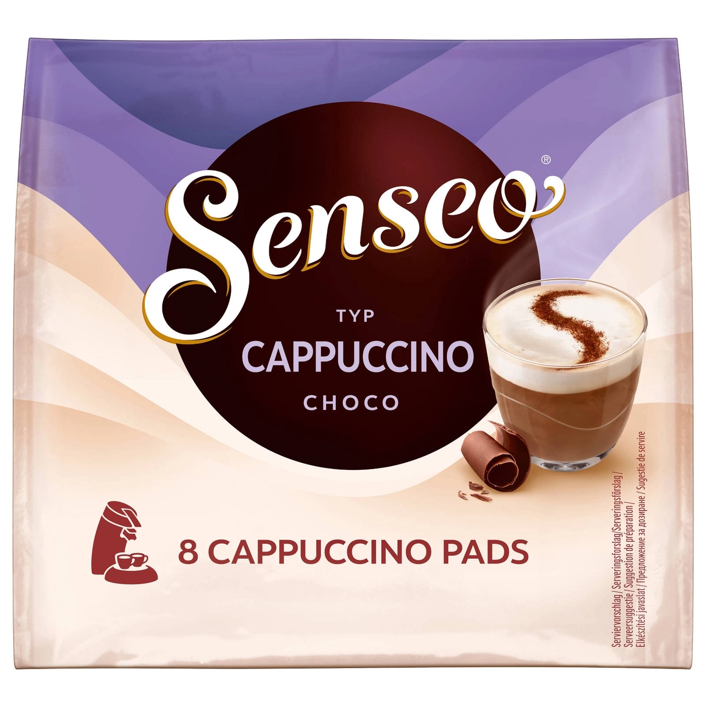 Senseo Cappuccino Choco Kaffeepads Packung mit Tasse Kaffee.
