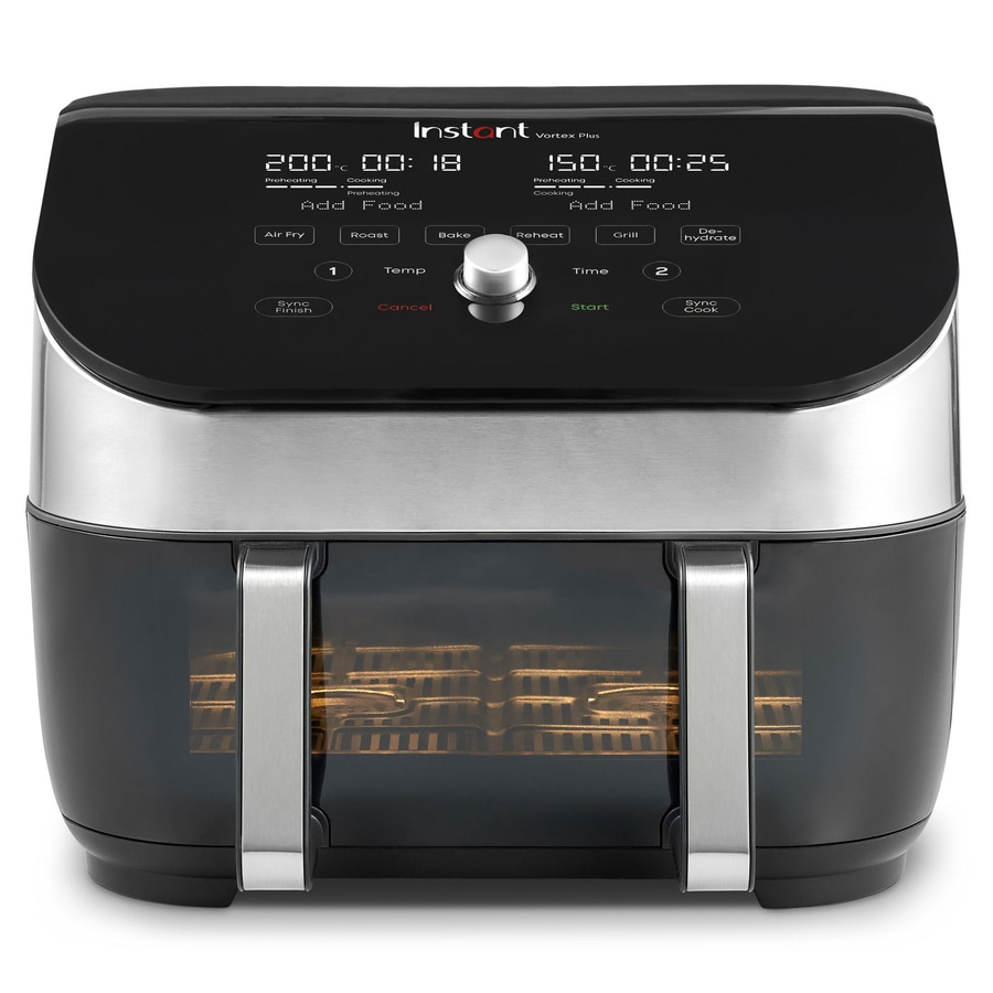 Instant Vortex Plus Airfryer mit Anzeige, Knöpfen und Funktionen zum Kochen.