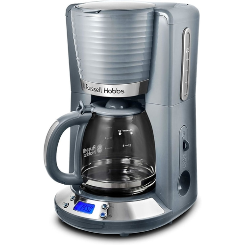Kaffeemaschine von Russell Hobbs, blau, mit digitaler Anzeige und Glaskanne, 14:50 Uhr.