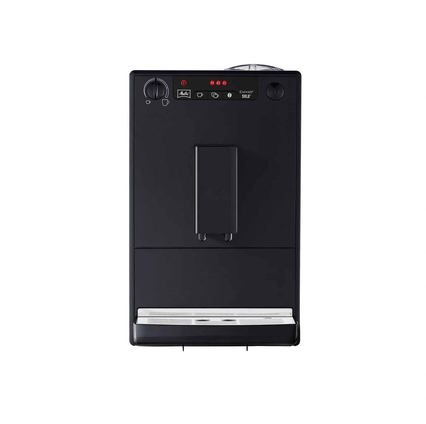 Schwarze Kaffeemaschine mit Knöpfen und Anzeigen, Melitta Caffeo Solo