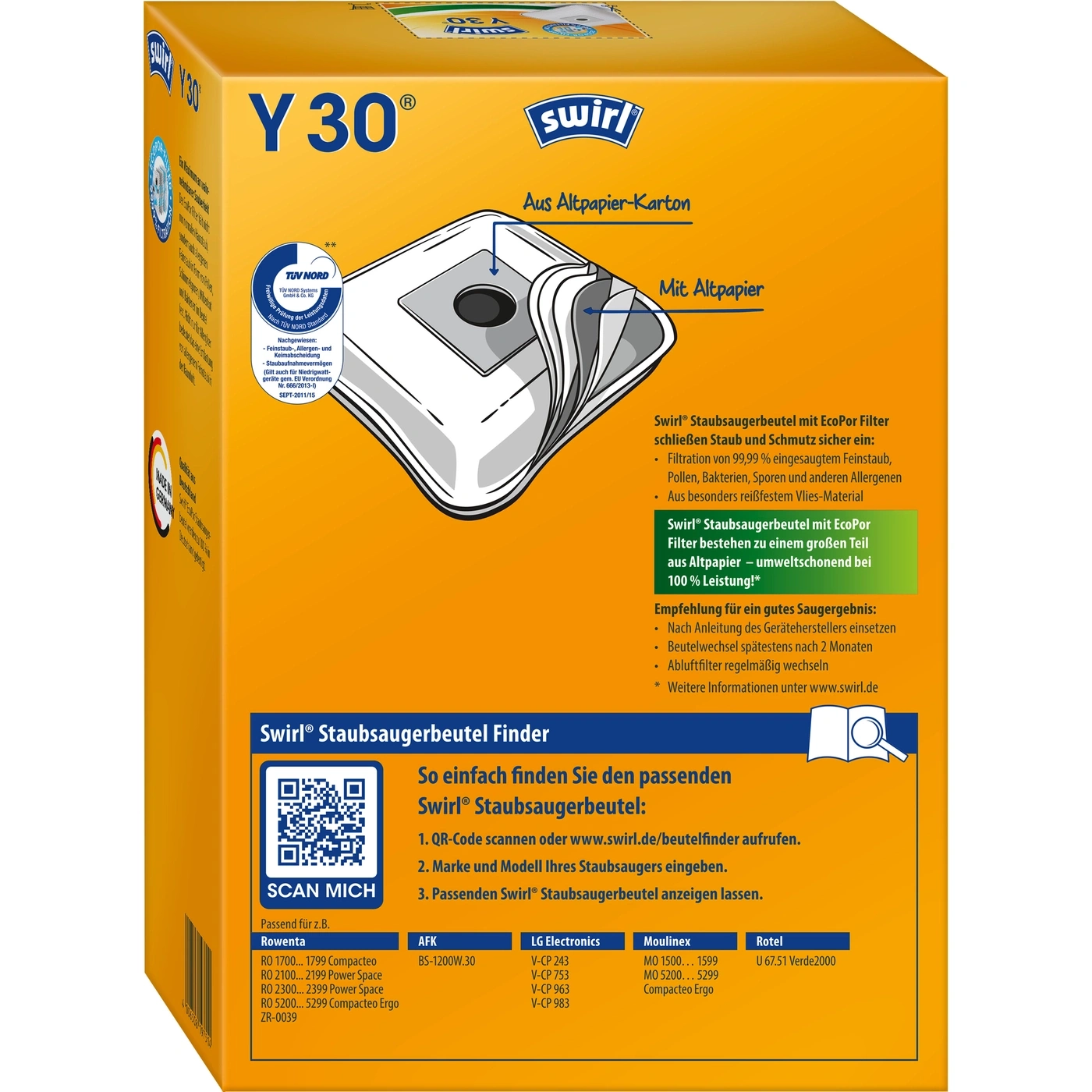 Swirl Staubsaugerbeutel, gelbe Verpackung mit Produktinformationen und QR-Code für die Suche nach passenden Beuteln.