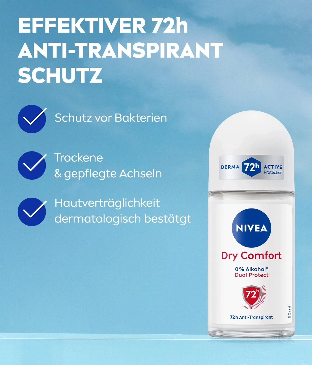 Nivea Dry Comfort mit 72h Anti-Transpirant Schutz vor Bakterien und trockene Achseln.