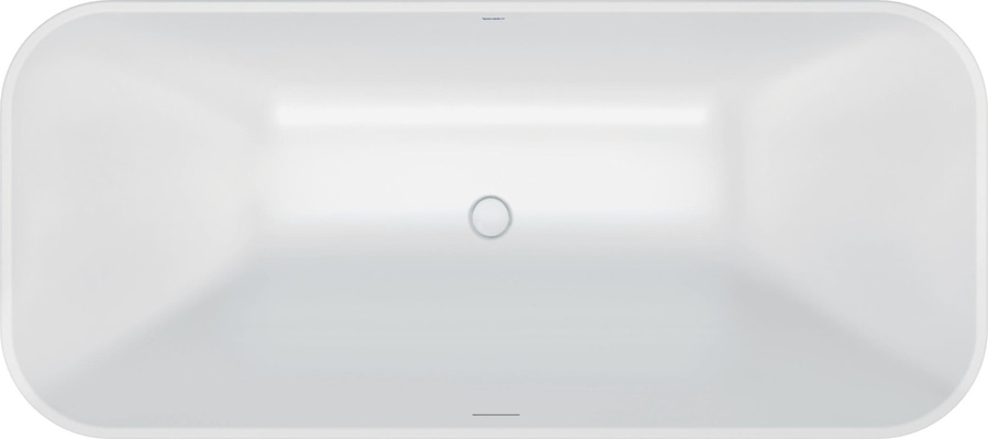 Draufsicht auf eine weiße Badewanne mit rundlichen Ecken und einem Abfluss