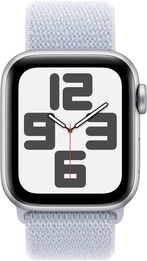 Apple Watch mit hellblauem Armband und Ziffernblatt mit Zahlen 12, 9, 3, 6
