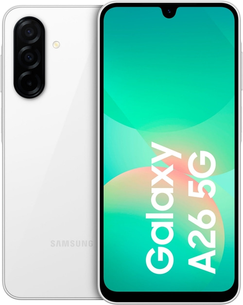 Weißes Samsung Galaxy A26 5G Smartphone mit Dreifachkamera und grünem Bildschirm