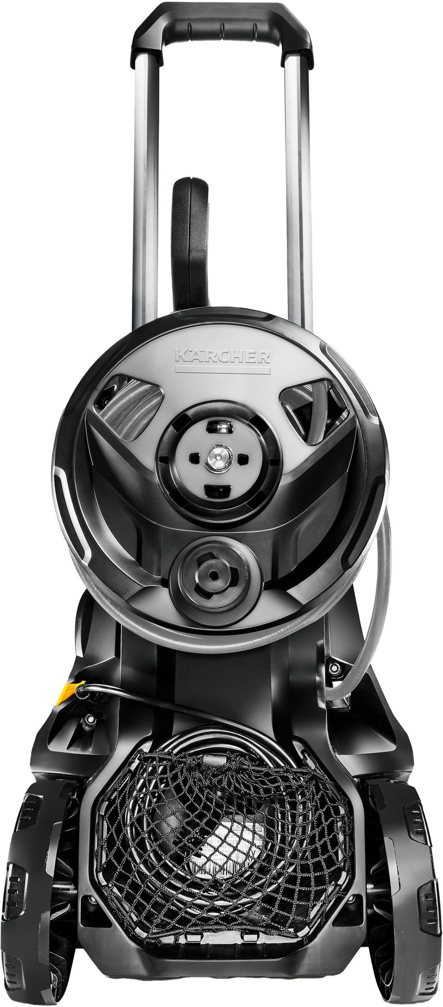 Kärcher Hochdruckreiniger, schwarz, mit Rädern, Schlauchaufroller und Griff, Detailaufnahme