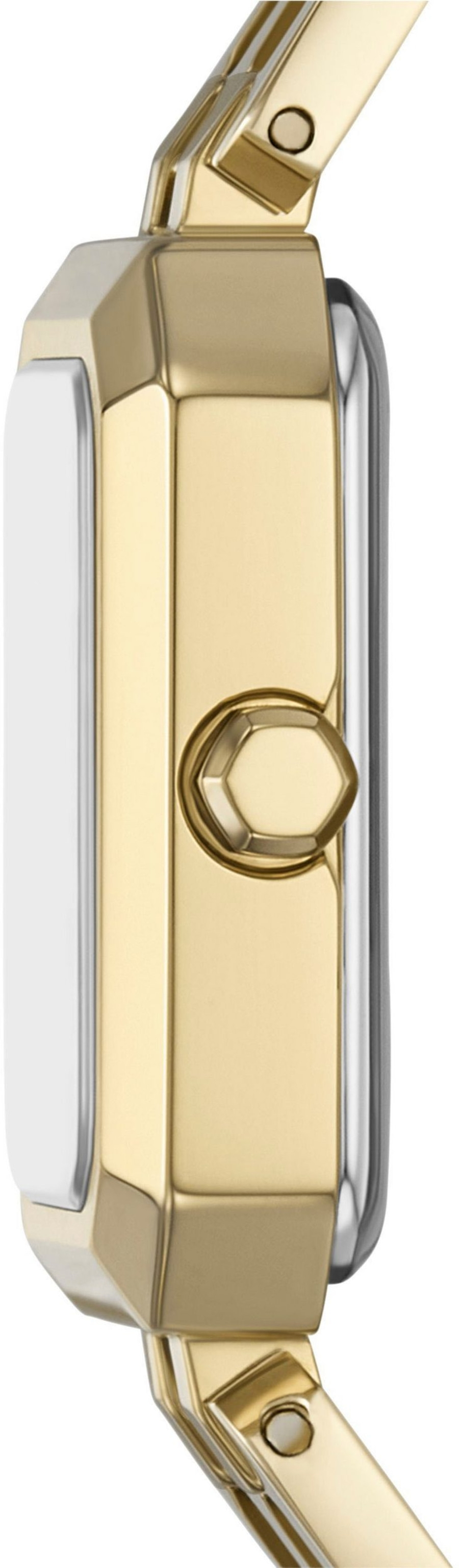 Detailansicht einer goldfarbenen Damenuhr mit silbernem Armband und achteckigem Gehäuse, Nahaufnahme der Krone.