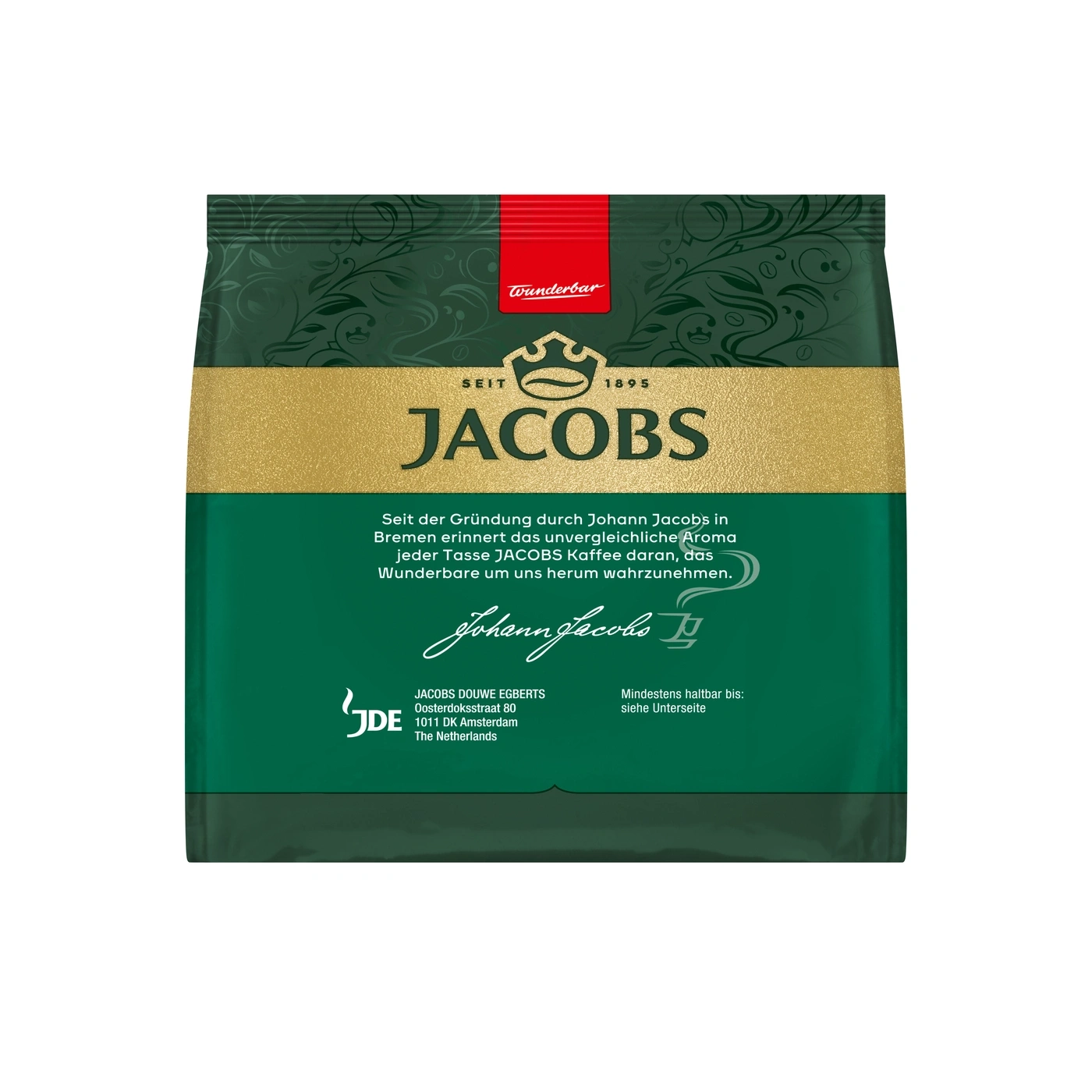 Ein Päckchen Jacobs Kaffee mit floralen Mustern in Grün und Gold.