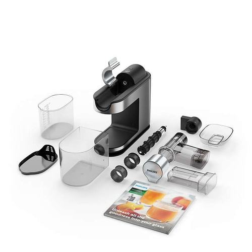 Philips Entsafter mit Zubehör und Broschüre, weißer Hintergrund