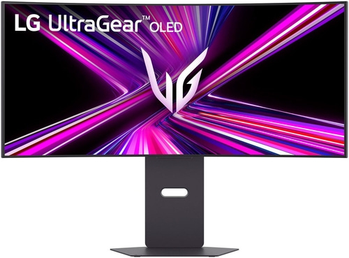 LG UltraGear OLED Monitor mit elegantem Design und dynamischem Hintergrund.