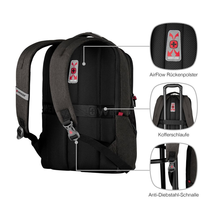 Wenger Rucksack mit Airflow, Kofferschnalle und Anti-Diebstahl-Schnalle.