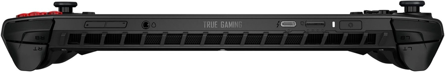 Schwarzer Gamecontroller mit roten Knöpfen und der Aufschrift "TRUE GAMING".