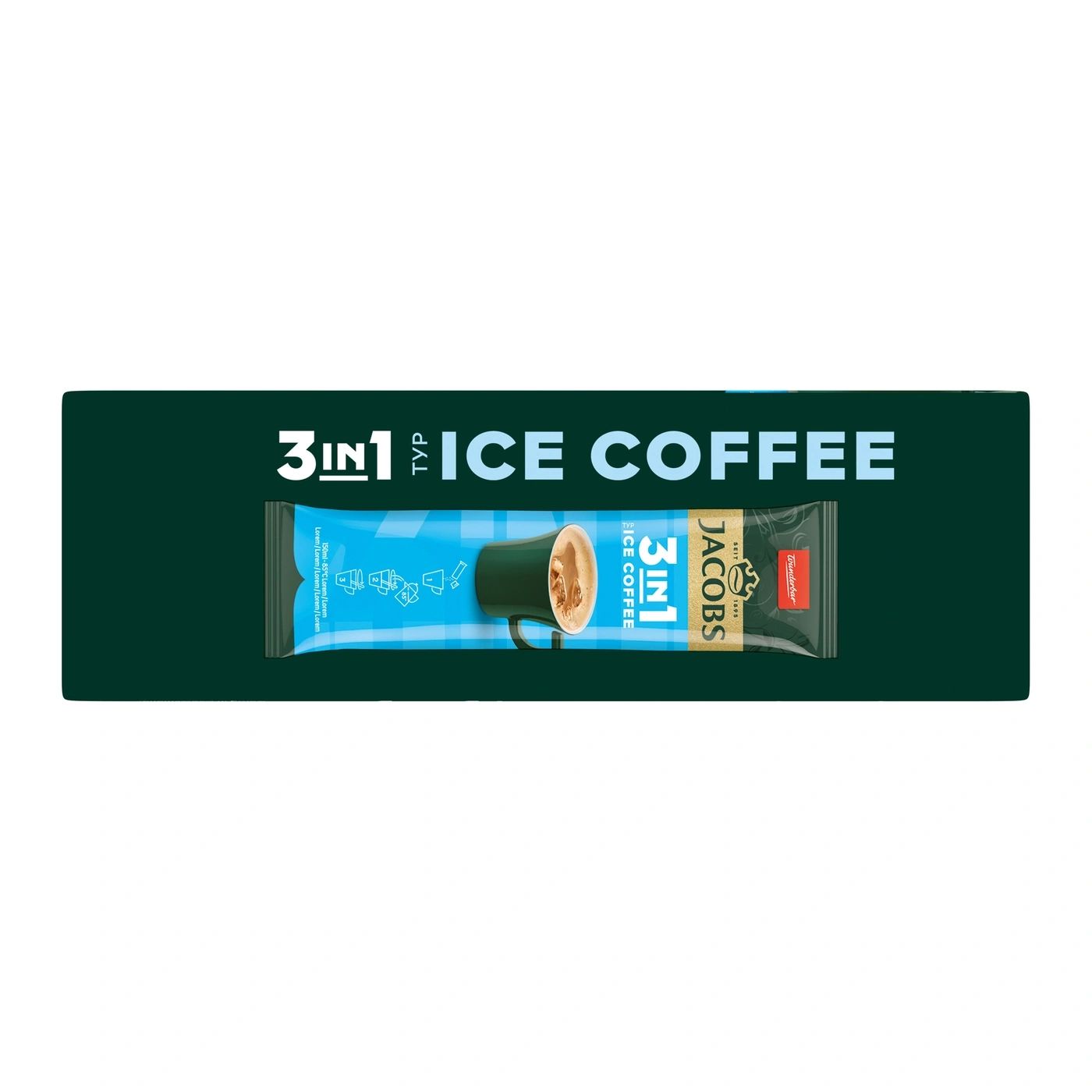 Jacobs 3in1 Eiskaffee mit Tasse und Zubereitungssymbolen