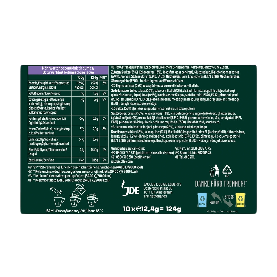Nährwertangaben, Zutaten, Jacobs Douwe Egberts, Dank für's Trennen, 10 x e12,4g = 124g